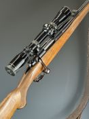 Musgrave Mini .223 bolt-action rifle with chequered semi-pistol grip and forend, leather sling,
