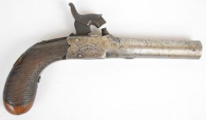English percussion hammer action pocket pistol with engraved lock, folding trigger, chequered