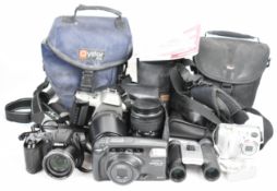 Modern cameras and binoculars to include Nikon Coolpix L310 14MP digital camera, Pentax MZ-50 35mm