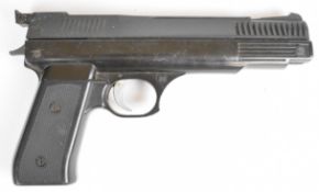 Webley Nemesis .22 air pistol with gold inset logo to the chequered composite grips and adjustable