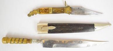 Two continental knives comprising a Spanish Navaja folding pocket knife with horn and brass 'lobster