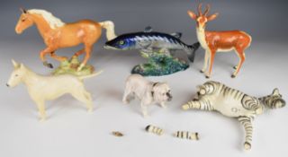 Six Beswick / Royal Doulton animal and fish figures for restoration including barracuda, cowboy's