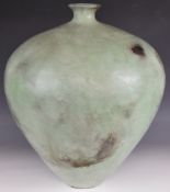 Sophia Hughes unusually large green glazed tapering amphora shaped pottery vase, diameter 40 x