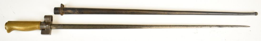 French 1886 pattern Lebel bayonet with brass handle, cruciform blade and steel scabbard numbered