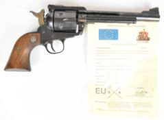 Deactivated Ruger New Model Blackhawk .357 six-shot single-action revolver with monogrammed wooden