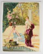 Frederick N Sutton porcelain plaque decorated with two maidens in classical dress beside a pool with