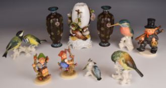 Pair of Chinese cloisonné lobed vases, Goebel Hummel figures, Karl Ens birds, etc, tallest 17cm
