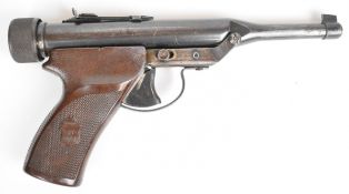 Hy-Score .22 target air pistol with engraved frame, named, shaped and chequered Bakelite grips and