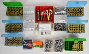 A collection of .44 Magnum re-loading items comprising Lee three die set, over 275 brass cases,