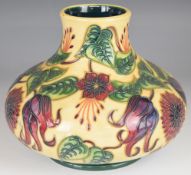 Moorcroft squat pedestal vase decorated in the Tahiti pattern, numbered 398 and 98 to base, H17cm