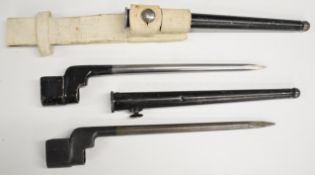 Two British No4 MkII spike bayonets, both in steel scabbards, one with white painted frog/hanger,