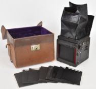 Butcher Popular Pressman SLR camera with f4.5 lens, in leather cases with film holders