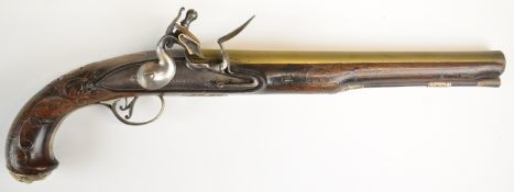 William Gabbitas flintlock pistol with named lock, engraved trigger guard and mounts, silver wire