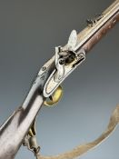 Ferdinand Fruhwirth flintlock musket with brass pan, butt plate and trigger guard, leather sling,