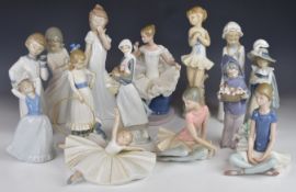 Fourteen Lladro / Nao figurines including ballerinas, girl with hoop etc, tallest 28cm