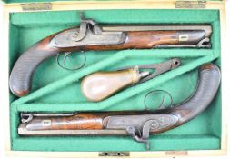 A pair of Charles & Henry Egg 18 bore percussion hammer action duelling pistols each with engraved