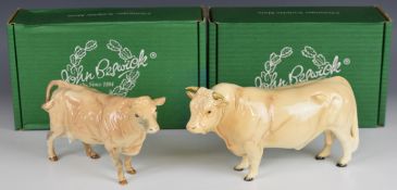 Beswick Charolais bull and cow figures, boxed, tallest 12cm