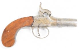 English percussion hammer action pocket pistol with engraved lock, trigger guard and top strap,