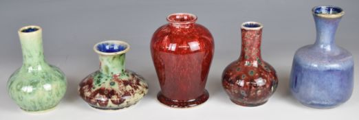 Five Cobridge Stoneware pottery vases with flambé glazes, tallest 14cm