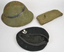 American WW2 or similar helmet, post war West German side cap and a British military beret with
