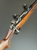 Enfield .303 bolt-action rifle with chequered semi-pistol grip and forend, sling and scope mounts,