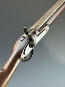 Enfield P53 3-band percussion hammer action musket with brass trigger guard, butt plate stamped 'V