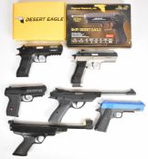 Six various air and airsoft pistols comprising Swiss Arms .177 target air pistol with adjustable