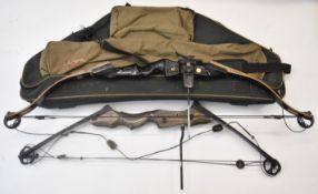 Two compound archery bows Martin Lynx and Bear Alaskan with carry case.
