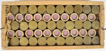 Fifty Eley Kynoch 16 bore pinfire alarm gun bird scarer cartridges, in original wooden box base.