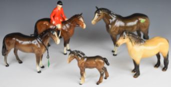 Five Beswick horses / mounted ridge including a Highland pony, tallest 18cm