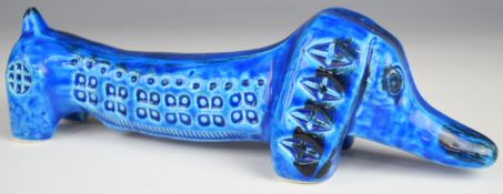 Bitossi mid century modern blue glazed Dachshund / dog, L25 x H7.5cm