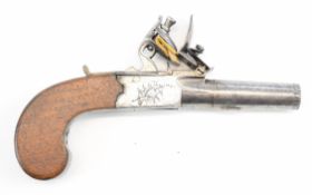 Thewlis of Huddersfield flintlock pocket pistol with named and engraved lock, folding trigger, thumb