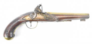 Unnamed 28 bore flintlock holster pistol with engraved top strap, brass trigger guard and mounts,