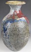 Lottie Glob (Danish b. 1944) large studio pottery vase decorated with red, blue and green glazes,