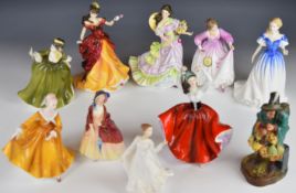 Ten Royal Doulton figures including Mask Seller, tallest 24cm