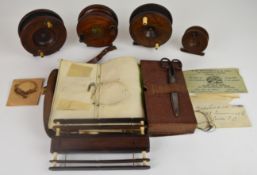 Vintage leather / fishing cast wallet with fitted slide out rosewood and bone winder for leaders and