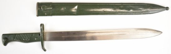 German Ersatz EB44 bayonet with green painted steel grips and scabbard, overall length 51cm.