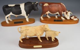 Three Beswick cattle figures Friesian, Hereford and Charolais cow and calf figures, all for