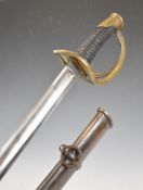 American Civil War style sword with three bar brass hilt, 90cm curved plain blade and scabbard.