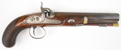 Shardick of Taunton 16 bore percussion hammer action duelling pistol with named and engraved lock,