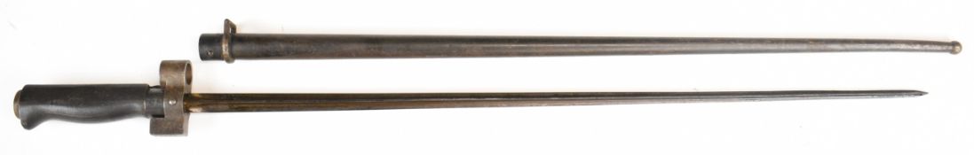 French 1886 pattern Lebel bayonet with blackened steel handle, cruciform blade and steel scabbard