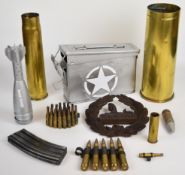 Two brass shell cases, ammunition box, machine gun magazine, spent ammunition etc, tallest 32.5cm