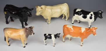 Six Beswick / John Beswick cattle figures including Charolais bull, tallest 16cm