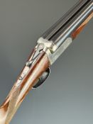 Master 12 bore side by side ejector shotgun with chequered grip and forend, double trigger and named