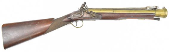 Richards flintlock blunderbuss with sprung bayonet, named lock, brass butt plate, trigger guard