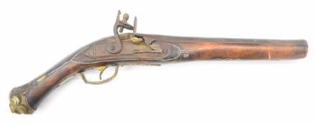 Unnamed flintlock holster pistol with embossed brass trigger guard and butt cap, silver wire
