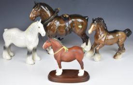 Four Beswick / Royal Doulton heavy / Shire horses including Burnham Beauty with harness, grey