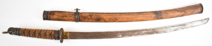 Japanese Katana Samurai sword with signed 27 inch curved blade, metal fittings and leather bound