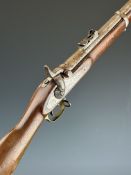 Enfield three band percussion hammer action gun with lock stamped with crown over 'VR' cypher and '