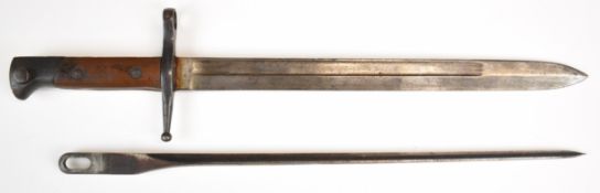 Italian M1891 bayonet with wooden grips, numbered to quillon D2763, overall length 41.5cm,